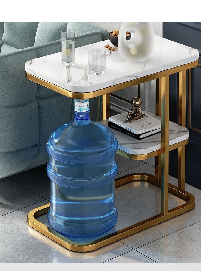 طاولة جانبية للمساحات الصغيرة بطابقين للكنبة والسرير لغرفة المعيشة وغرفة النوم بجانب السرير، سهلة الاستخدام على شكل حرف C (أبيض). - Image 4