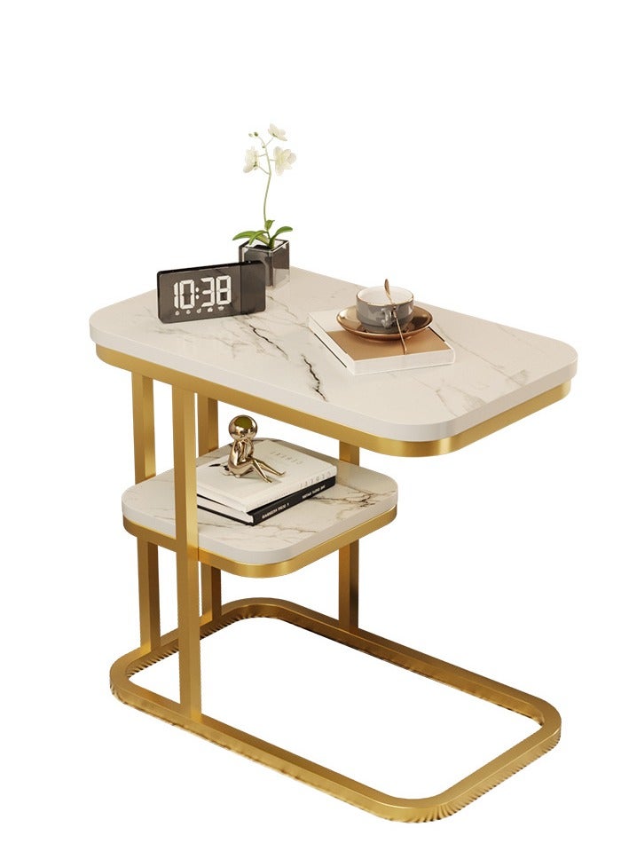 طاولة جانبية للمساحات الصغيرة بطابقين للكنبة والسرير لغرفة المعيشة وغرفة النوم بجانب السرير، سهلة الاستخدام على شكل حرف C (أبيض). - Image 5