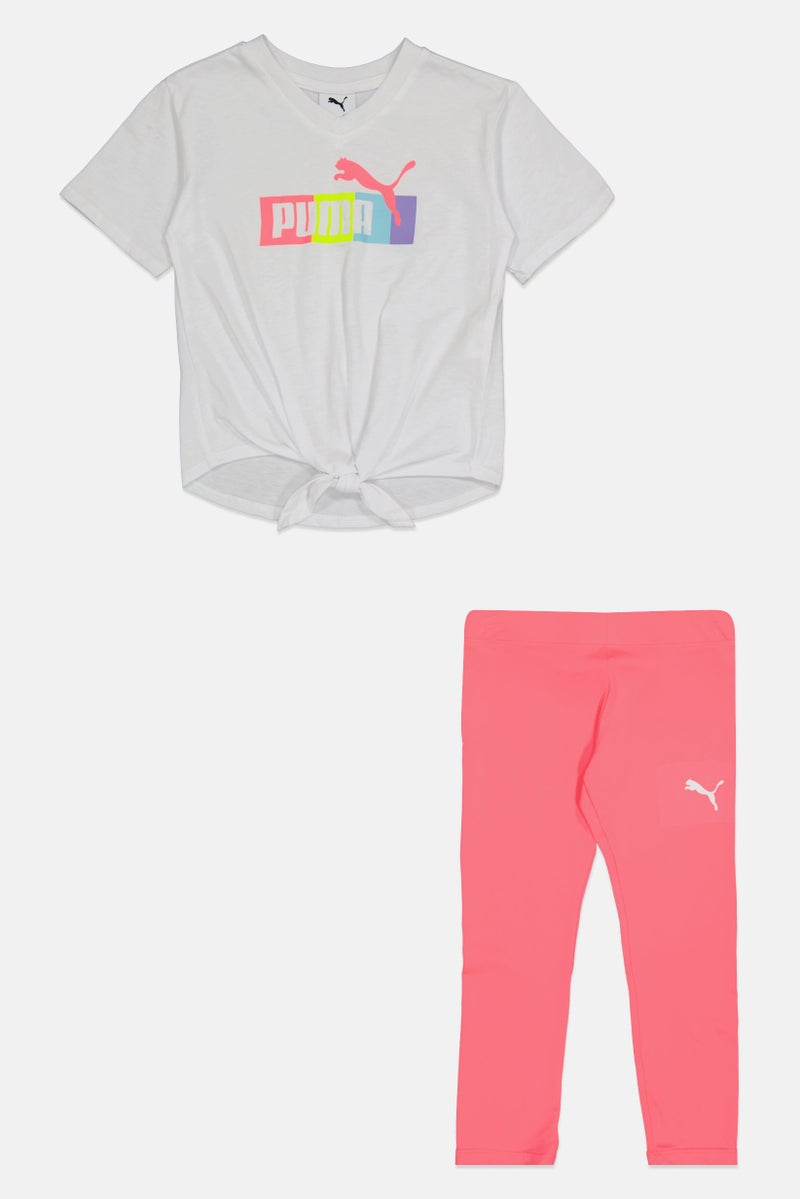 PUMA طقم بنات أطفال مكون من 2 قطعة بشعار العلامة التجارية، تي شيرت بأكمام قصيرة وسروال ليغينغز، متعدد الألوان - Image 2