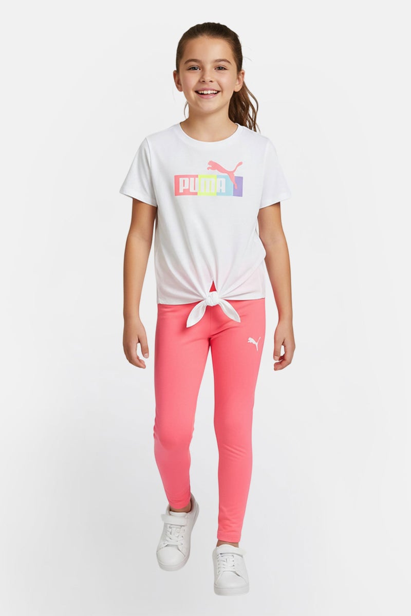 PUMA طقم بنات أطفال مكون من 2 قطعة بشعار العلامة التجارية، تي شيرت بأكمام قصيرة وسروال ليغينغز، متعدد الألوان - Image 1