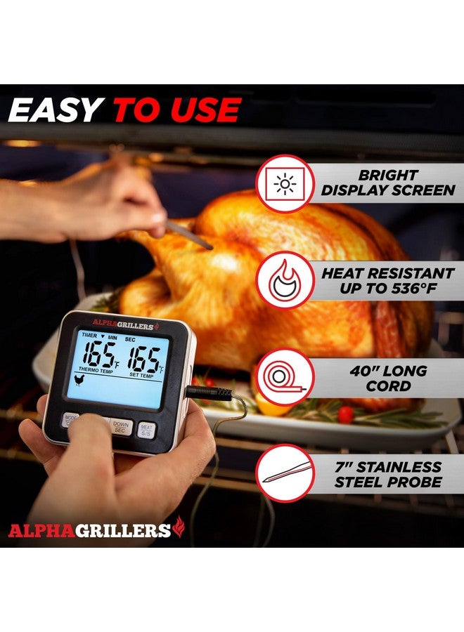ألفا جريلرز مقياس حرارة اللحوم الاحترافي من ألفا جريلرز للفرن - مقياس حرارة رقمي بشاشة كبيرة للطهي مع مسبار درجة حرارة اللحوم - 7 درجات حرارة محددة مسبقًا ومؤقت - Image 1