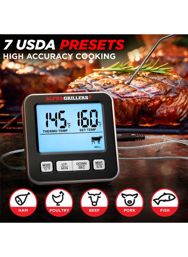ألفا جريلرز مقياس حرارة اللحوم الاحترافي من ألفا جريلرز للفرن - مقياس حرارة رقمي بشاشة كبيرة للطهي مع مسبار درجة حرارة اللحوم - 7 درجات حرارة محددة مسبقًا ومؤقت - Image 2