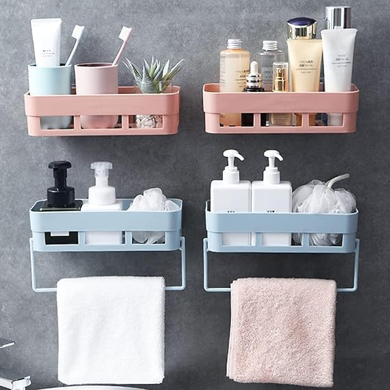 Treeneral Pack of 2 Self-Adhesive Plastic Bathroom Rack, Bathroom Shelf Organizer, Wall Mounted Shelf, Bathroom Hardware and Accessories, Storage Racks Kitchen Bathroom Accessories Rack Shel - Image 1