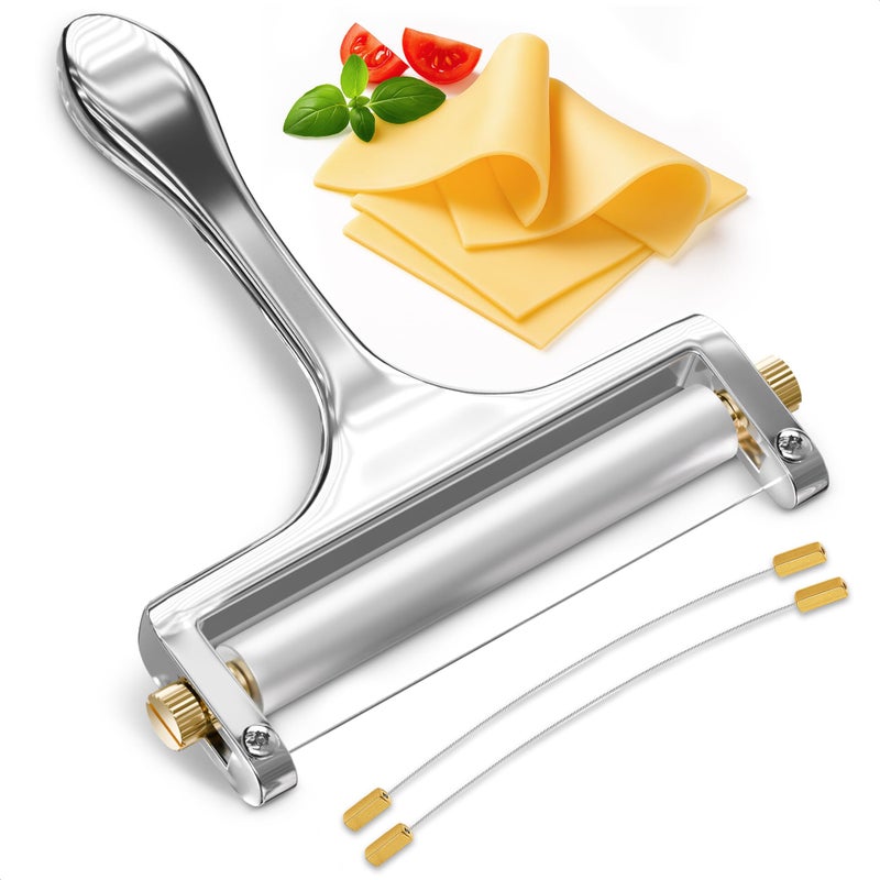 V TOWER Cheese Slicer Wire - Sharp & Strong Stainless Steel Cheese Cutter Handheld with 2 Extra Wires, Slice Tickness Adjuster, Comfortable Handle & Dishwasher Safe, for Mozzarella, Cheddar & Gruyere Slicing - Image 1