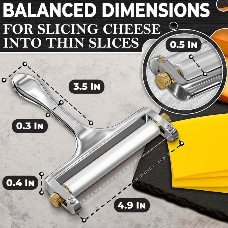 V TOWER Cheese Slicer Wire - Sharp & Strong Stainless Steel Cheese Cutter Handheld with 2 Extra Wires, Slice Tickness Adjuster, Comfortable Handle & Dishwasher Safe, for Mozzarella, Cheddar & Gruyere Slicing - Image 2