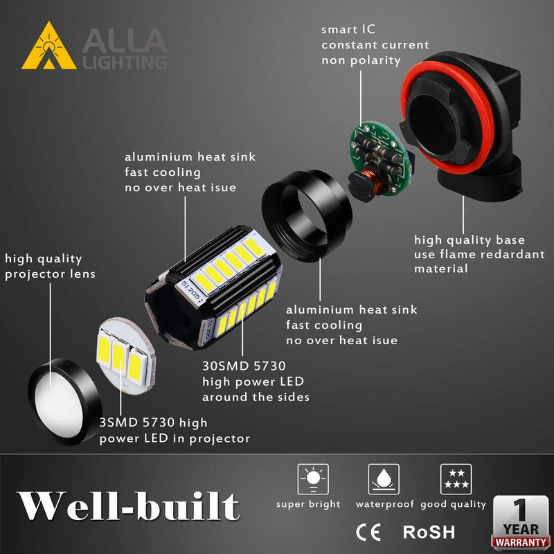 Alla Lighting Super Bright H8 H11 LED Fog Lights Bulbs or DRL, 6000K Xenon White H16 H11LL H8LL H1155 Replacement, 2800Lms 5730 33-SMD 12V for Cars, Trucks, SUVs, Vans - Image 5