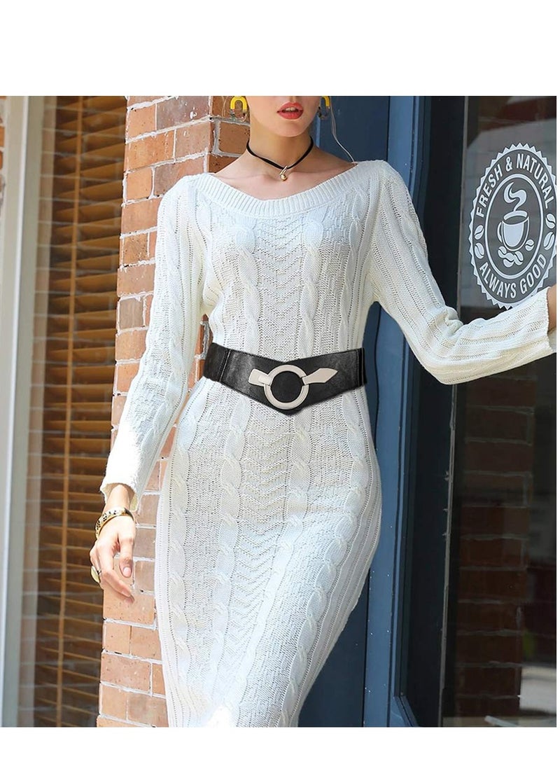 Barakah Wide Elastic Waist Belt Vintage, Girls Thick Stretch Belt with Interlock Buckle , Women Stretch Waist Belt,  Fashion Retro Leather Waistband for Ladies Dress Decoration Black - Image 3