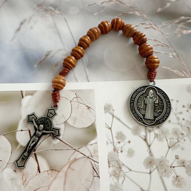 Bovemee Saint Benedict Medal Prayer Pocket Rosary Catholic Brown Wood Beads with Medalla de san benitol and Crucifix, 9 Inch (Antique Silver) - Image 3