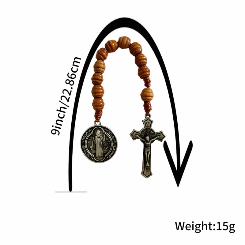 Bovemee Saint Benedict Medal Prayer Pocket Rosary Catholic Brown Wood Beads with Medalla de san benitol and Crucifix, 9 Inch (Antique Silver) - Image 5