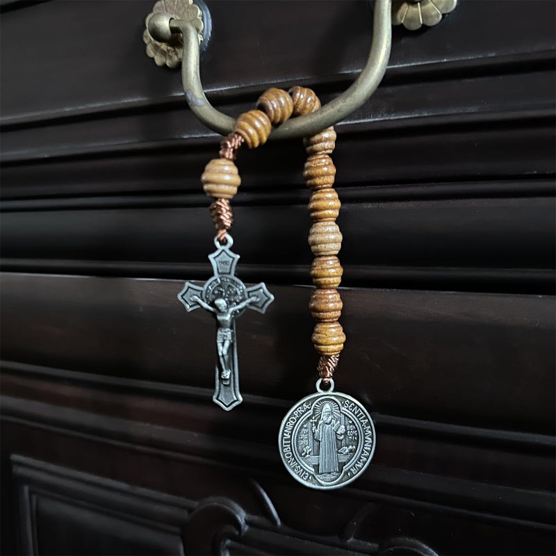 Bovemee Saint Benedict Medal Prayer Pocket Rosary Catholic Brown Wood Beads with Medalla de san benitol and Crucifix, 9 Inch (Antique Silver) - Image 2