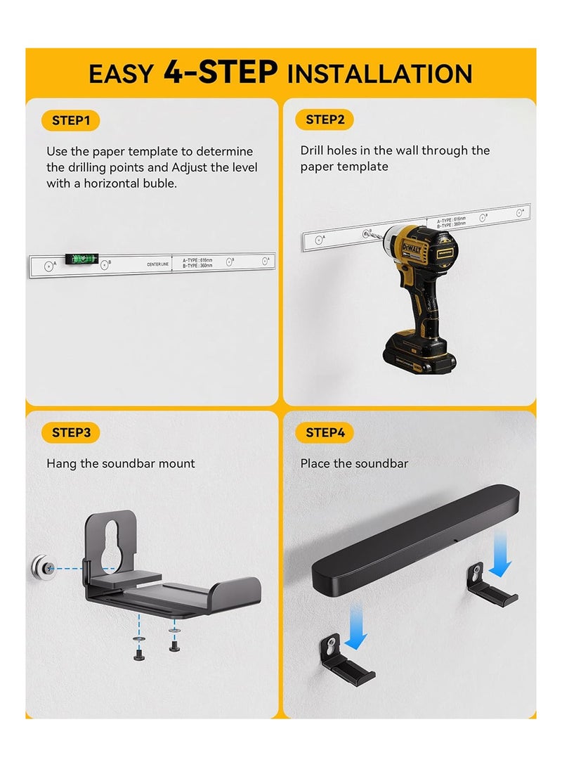 MVAQKLM حامل شريط الصوت العالمي للتركيب أسفل التلفزيون أو الحائط، حامل قابل للتعديل يتحمل حتى 30 رطلاً (13.6 كجم)، رف شريط الصوت الآمن لأجهزة Samsung وLG وSony وBose وJBL والمزيد، مجموعة تركيب سهلة متضمنة - Image 4