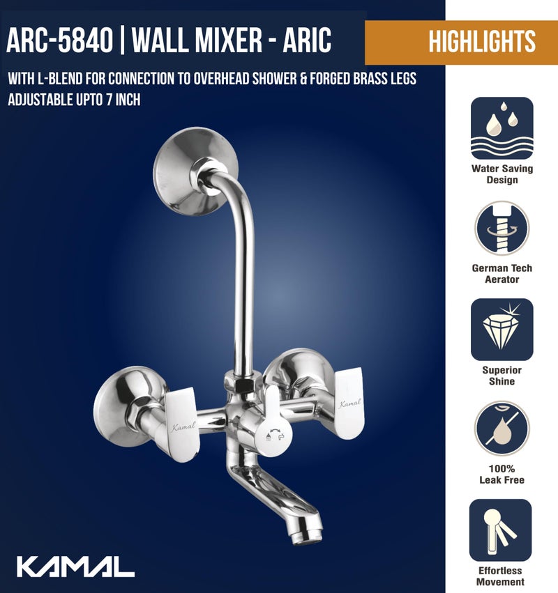 KAMAL Wall Mixer - Arch Eco | Mirror Finish | Sturdy Brass Build | Hot and Cold Shower Mixer | 165mm Long Bend Pipe | Easy to Use Click Fitting Mixer Faucet | Wall Mounted - Image 2