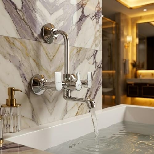 KAMAL Wall Mixer - Arch Eco | Mirror Finish | Sturdy Brass Build | Hot and Cold Shower Mixer | 165mm Long Bend Pipe | Easy to Use Click Fitting Mixer Faucet | Wall Mounted - Image 1