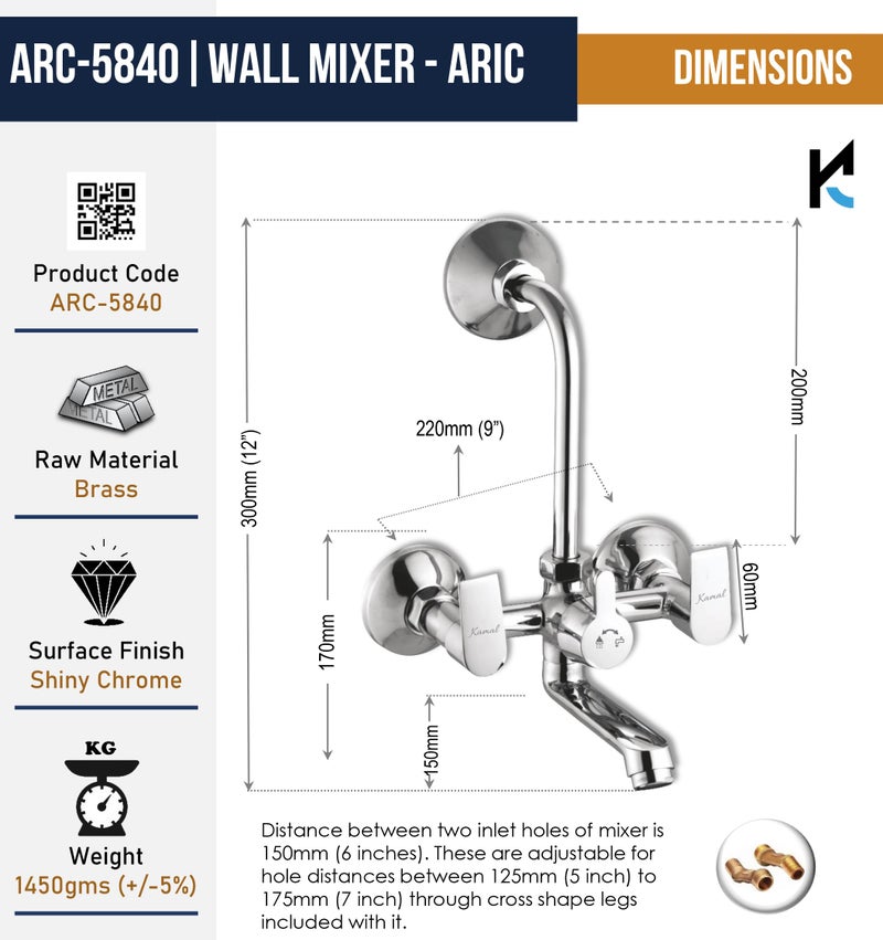 KAMAL Wall Mixer - Arch Eco | Mirror Finish | Sturdy Brass Build | Hot and Cold Shower Mixer | 165mm Long Bend Pipe | Easy to Use Click Fitting Mixer Faucet | Wall Mounted - Image 4
