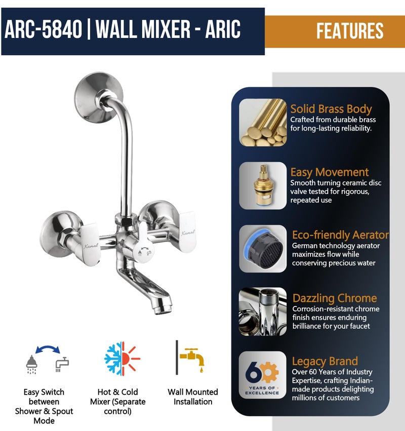 KAMAL Wall Mixer - Arch Eco | Mirror Finish | Sturdy Brass Build | Hot and Cold Shower Mixer | 165mm Long Bend Pipe | Easy to Use Click Fitting Mixer Faucet | Wall Mounted - Image 3