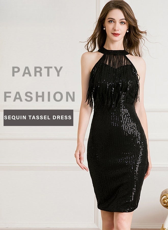 Banquet Party Dress for Women Evening Dresses Halter Neck Sequins Knee-Length Sleeveless Prom Ball Gown Wedding Elegant Slim Formal Dresses Bridesmaid Dress Black - Image 4
