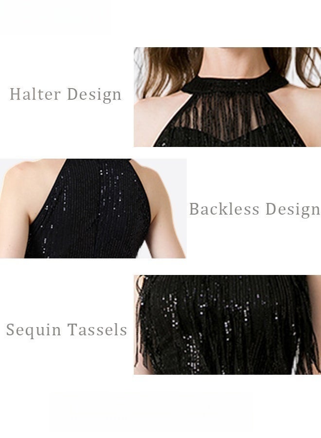 Banquet Party Dress for Women Evening Dresses Halter Neck Sequins Knee-Length Sleeveless Prom Ball Gown Wedding Elegant Slim Formal Dresses Bridesmaid Dress Black - Image 3