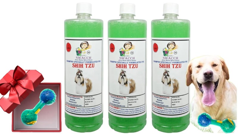 swacch Shih Tzu Dog Shampoo + Dumbbell Toy I Durable Rubber Dog Toy for Chewing I Playing,Teeth Cleaning & Training Toy I Combo Pack I 1 Litre Pack of 3 Neem Alovera - Image 1