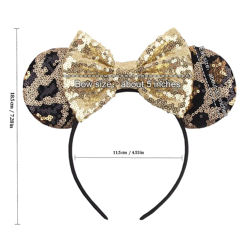 Foeran Mouse Ears Headbands Shiny Bows Mouse Ears Glitter Party Princess Decoration Cosplay Costume for Girls Women (Leopard/Gold) - Image 5