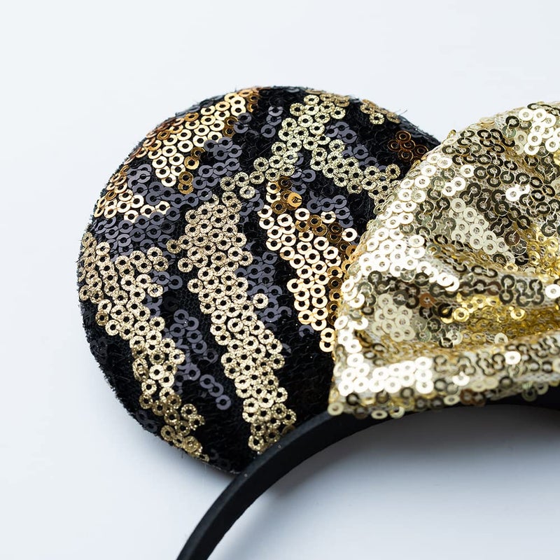 Foeran Mouse Ears Headbands Shiny Bows Mouse Ears Glitter Party Princess Decoration Cosplay Costume for Girls Women (Leopard/Gold) - Image 3