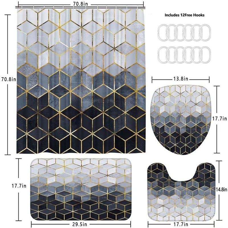 LQCOOL 4Pcs Blue Gradient Shower Curtain Set Modern Geometric Shower Curtain Set Golden Cubic Lines Bathroom Set (Blue)â€¦ - Image 4