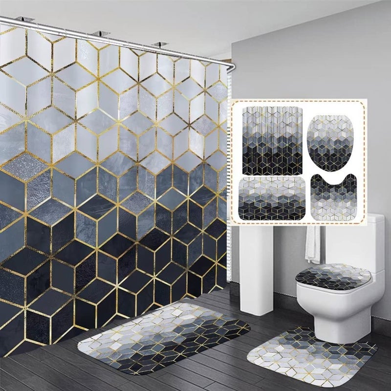 LQCOOL 4Pcs Blue Gradient Shower Curtain Set Modern Geometric Shower Curtain Set Golden Cubic Lines Bathroom Set (Blue)â€¦ - Image 2