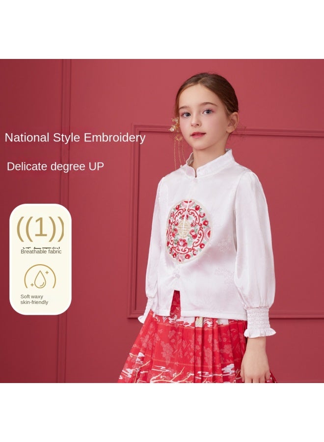 abckids New Chinese-style Embroidered Shirt】girls' 2025 Autumn Long Sleeve Vintage Blouse For Toddlers And Older Children - Image 3