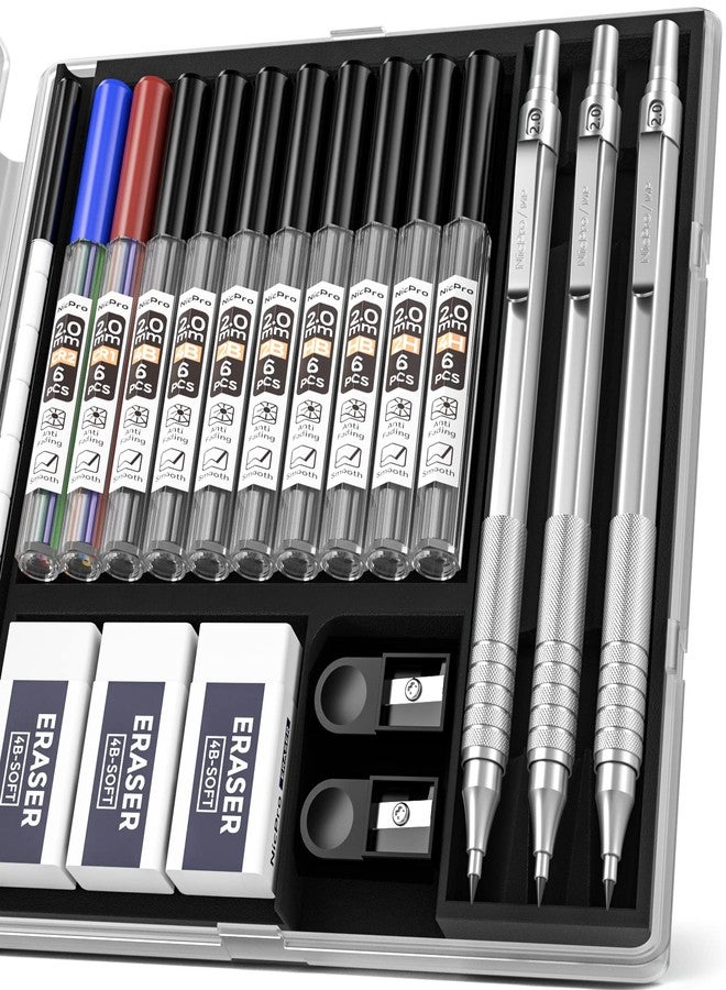Nicpro Metal 2.0 Mechanical Pencil Set with Case, 3 PCS Drafting Lead Holder with 10 Tubes 2mm Graphite Lead Refill(HB 2H 4H 2B 4B) &Colors, Sharpeners, Erasers for Artist Writing, Drawing, Sketching - Image 1