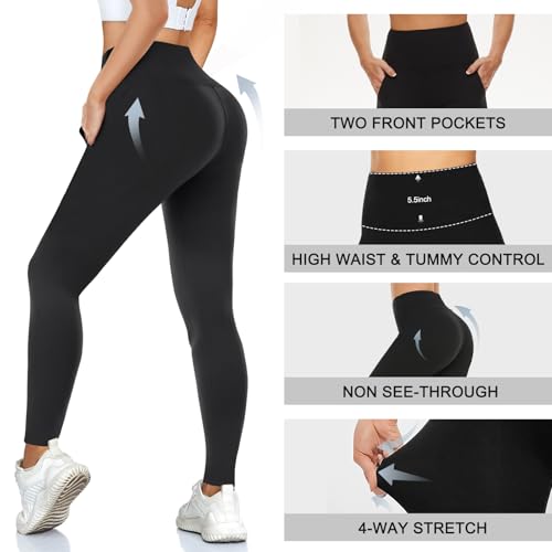 MOREFEEL Leggings with Pockets for Women, High Waisted Tummy Control Workout Black Hip Lift Yoga Pants Activewear - Image 2