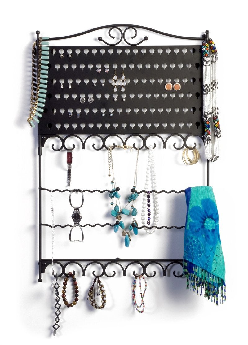 Mango Steam Deluxe Wall Mounted ClosetWardrobe Display Hanger Organizer for Jewelry  Earrings With Hooks  Bar for Necklaces Bracelets Accessories  Black