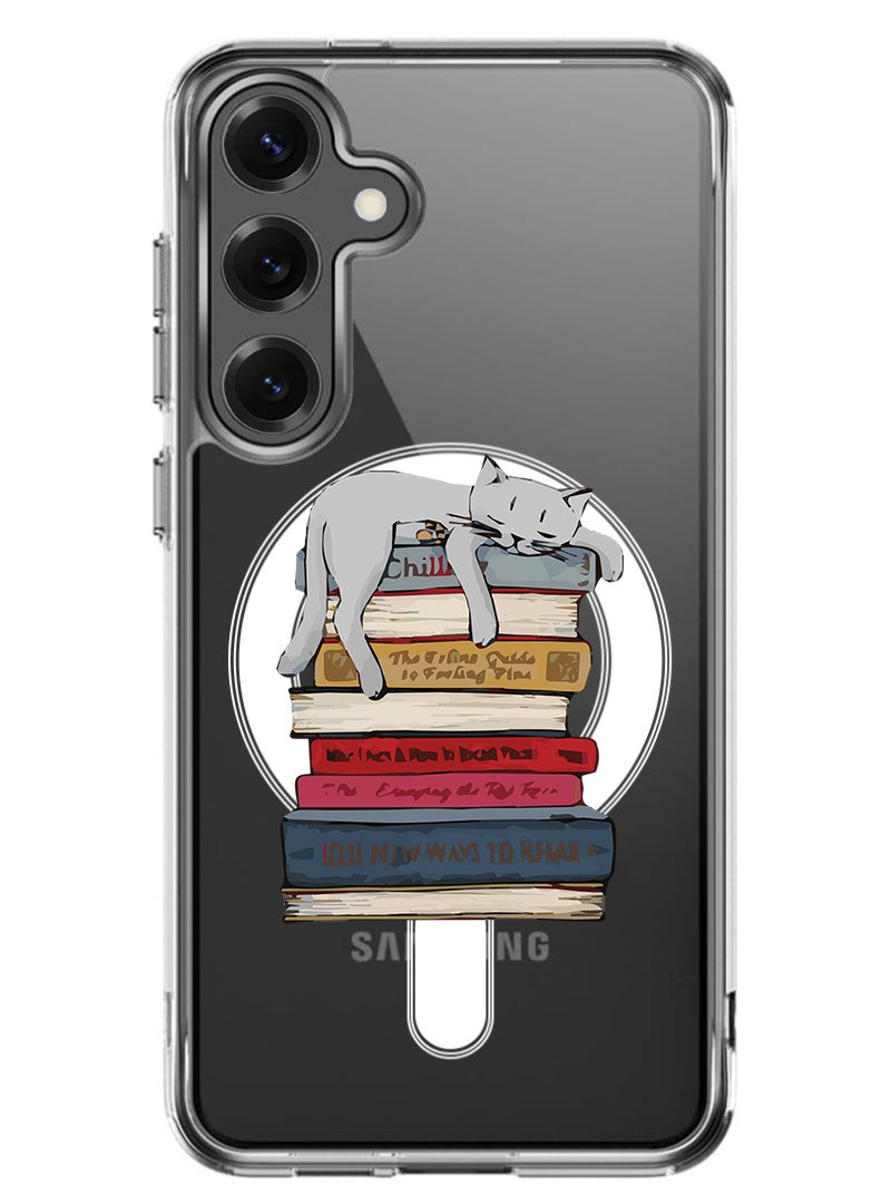 Theodor Magnetic Case for Samsung Galaxy S25 Plus 6.7-inch Compatible with MagSafe Wireless Charging, Shockproof Phone Bumper Cover Cat on books - Image 1