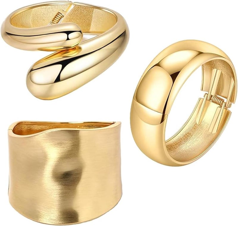 Excefore 3PCS Gold Cuff Bracelets for Women Wide Gold Bangle Bracelet Trendy Chunky Cuff Bangle Bracelets Irregular Statement Wrist Cuff Wrap Bracelet Jewelry - Image 1