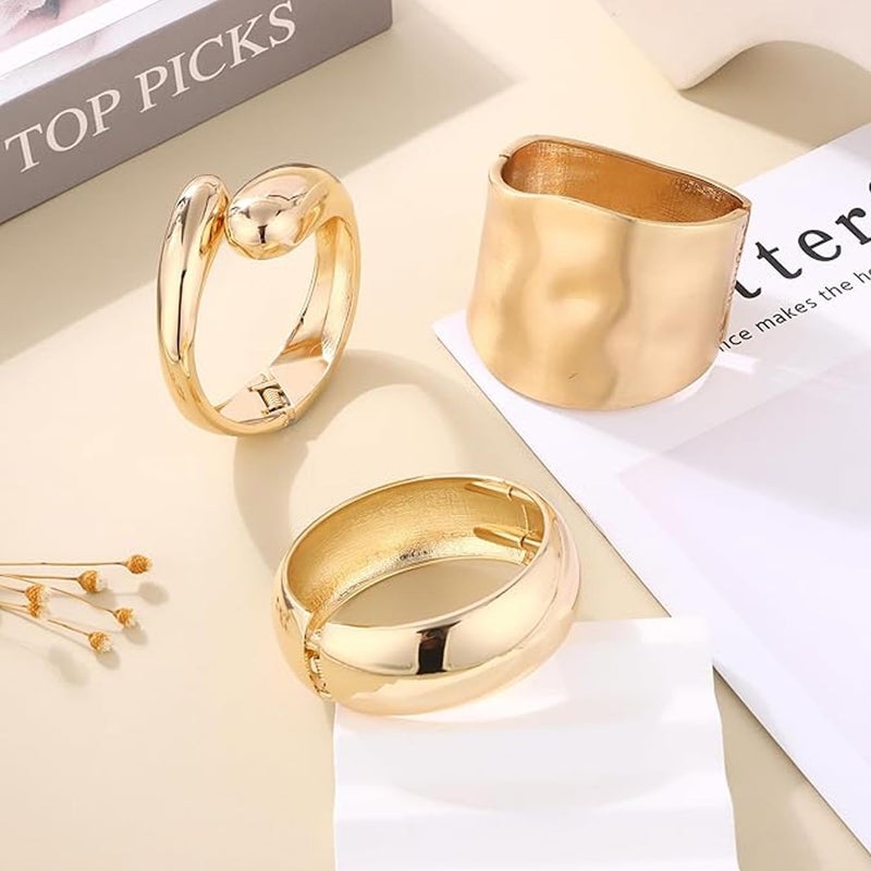 Excefore 3PCS Gold Cuff Bracelets for Women Wide Gold Bangle Bracelet Trendy Chunky Cuff Bangle Bracelets Irregular Statement Wrist Cuff Wrap Bracelet Jewelry - Image 5