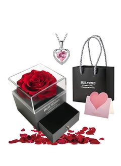 Adando Adando Eternal Rose with Gift Box Cute Eternal Red Rose Set with I Love You Necklace Handmade Preserved Rose Jewelry Box for Mom/Wife/Girlfriend A Romantic Gift for Her  - Image 1