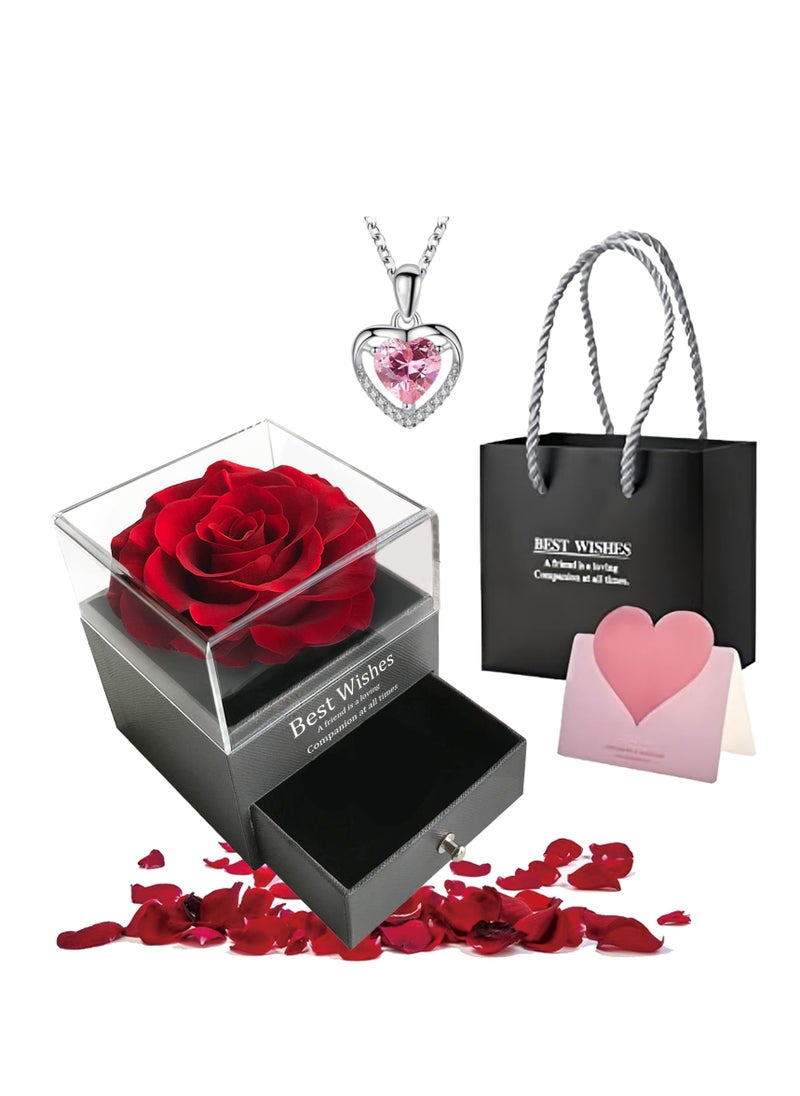 Adando Adando Eternal Rose with Gift Box Cute Eternal Red Rose Set with I Love You Necklace Handmade Preserved Rose Jewelry Box for Mom/Wife/Girlfriend A Romantic Gift for Her  - Image 1