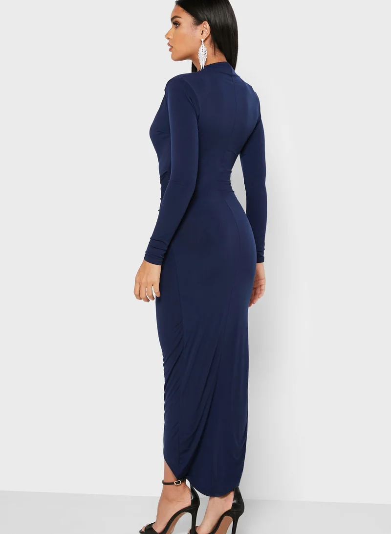 John Zack ROUCHED FRONT SLIT DRESS