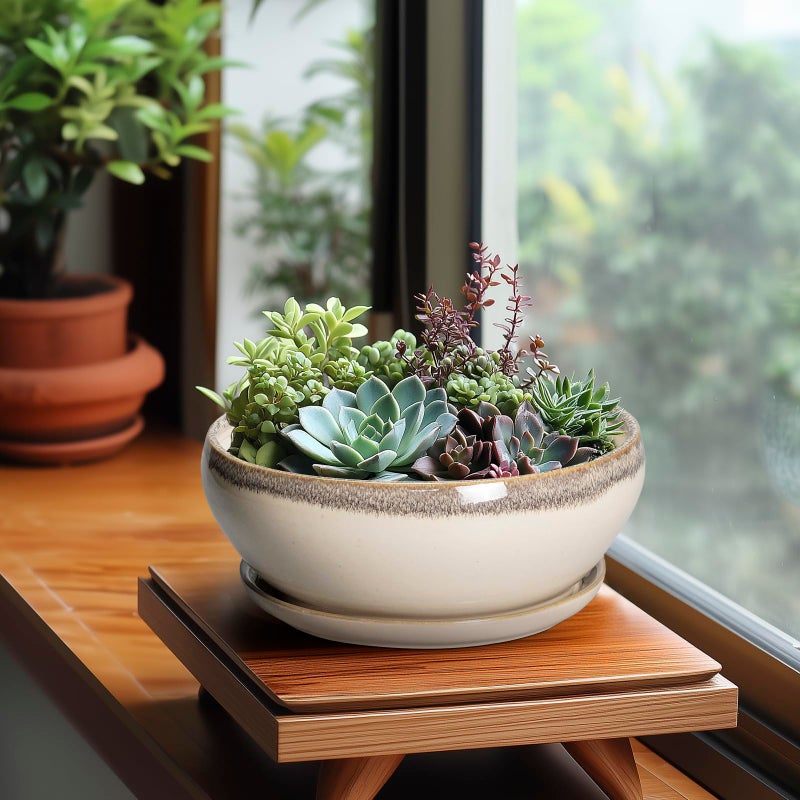 SQOWL Succulent Pots 8 Inch - Ceramic Bonsai Pots for Indoor Plants, Round Shallow Plant Pot with Drainage Hole and Saucer, Bowl Planter Outdoor, Patio Decor, Plant Lover Gifts, Beige - Image 3