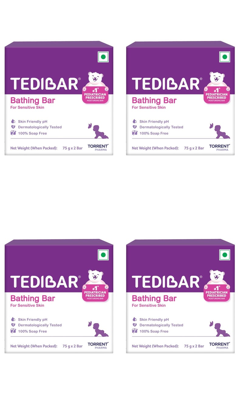 Tedibar Moisturising Baby Bathing Bar each (75gx2) with Skin Friendly PH|100% Soap Free|Dermatologically Tested x Pack of 4 - Image 1