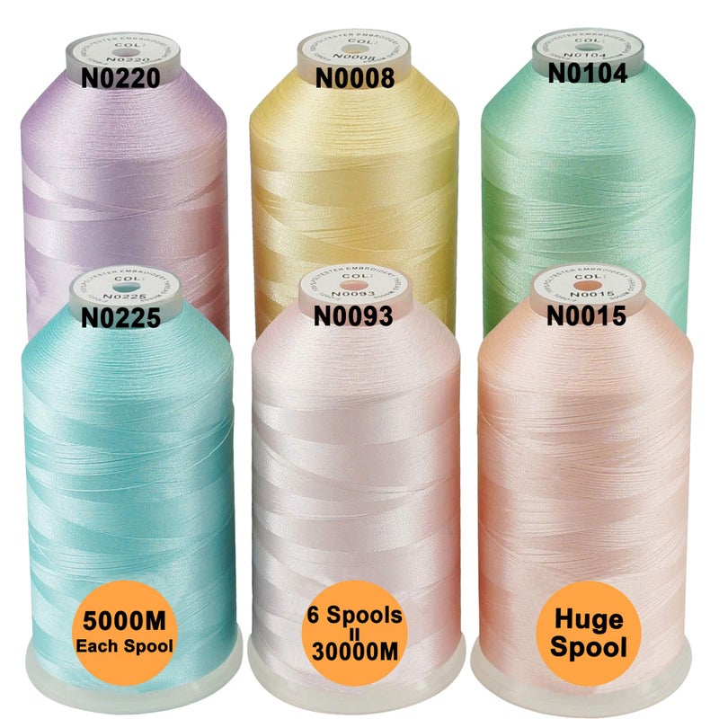 New brothreads  40 Options Various Assorted Color Packs of Polyester Embroidery Machine Thread Huge Spool 5000M for All Embroidery Machines 6xPastel Colors 2