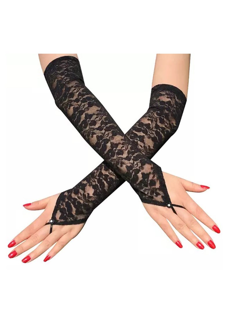 Women Fingerless Lace Gloves , Elbow Length Long Gloves, Prom Cosplay Evening Wedding Dinner Bridal Dance Gloves（Black）  - Image 2