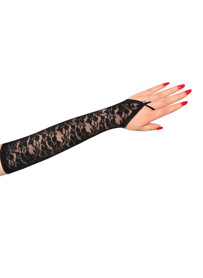 Women Fingerless Lace Gloves , Elbow Length Long Gloves, Prom Cosplay Evening Wedding Dinner Bridal Dance Gloves（Black）  - Image 3
