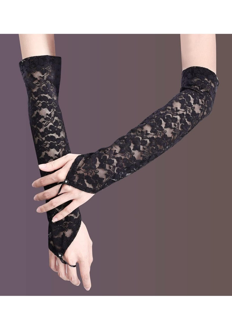 Women Fingerless Lace Gloves , Elbow Length Long Gloves, Prom Cosplay Evening Wedding Dinner Bridal Dance Gloves（Black）  - Image 4
