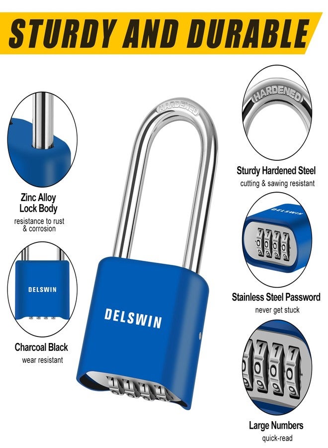 DELSWIN Heavy Duty Padlock Combination Lock - 4 Digit Combo Lock with 2.5 Inch Long Shackle, Outdoor Waterproof Padlock for Gate, Fence, Shed, School & Gym Locker (Blue,1Pcs) - Image 4