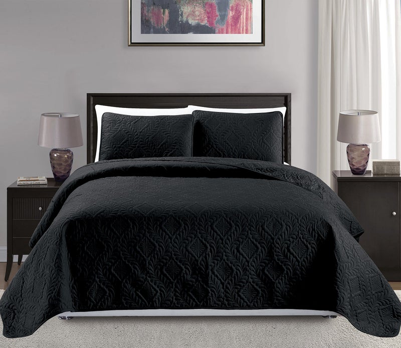 MK Home Mk Collection KingCalifornia King Over Size 118x106 3pc Diamond Bedspread BedCover Embossed Solid Black New 