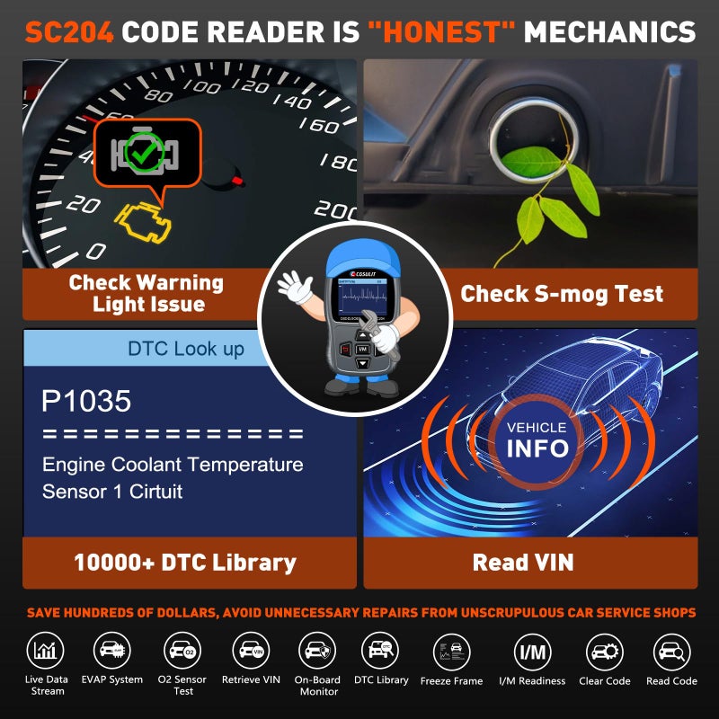 CGSULIT أداة المسح الضوئي Cgsulit Sc204 Obd2، ماسح ضوئي لفحص المحرك، قارئ رمز الضوء مع إعادة تعيين I/M بنقرة واحدة، رمز خطأ واضح، بحث Dtc والمزيد، أداة تشخيص السيارة لجميع مركبات Obdii/Eobd بعد عام 1996، رمادي - Image 3