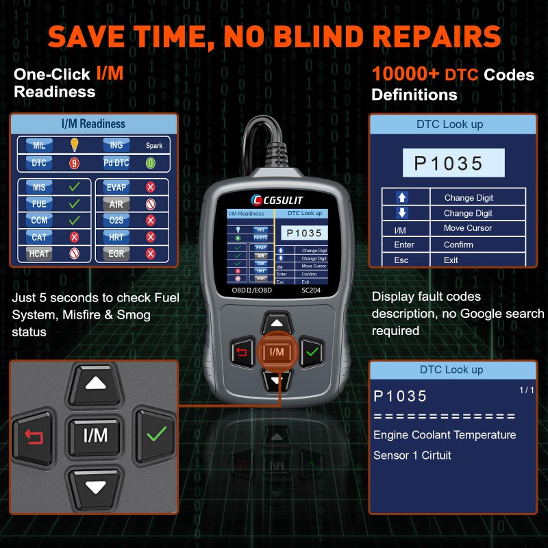 CGSULIT أداة المسح الضوئي Cgsulit Sc204 Obd2، ماسح ضوئي لفحص المحرك، قارئ رمز الضوء مع إعادة تعيين I/M بنقرة واحدة، رمز خطأ واضح، بحث Dtc والمزيد، أداة تشخيص السيارة لجميع مركبات Obdii/Eobd بعد عام 1996، رمادي - Image 4