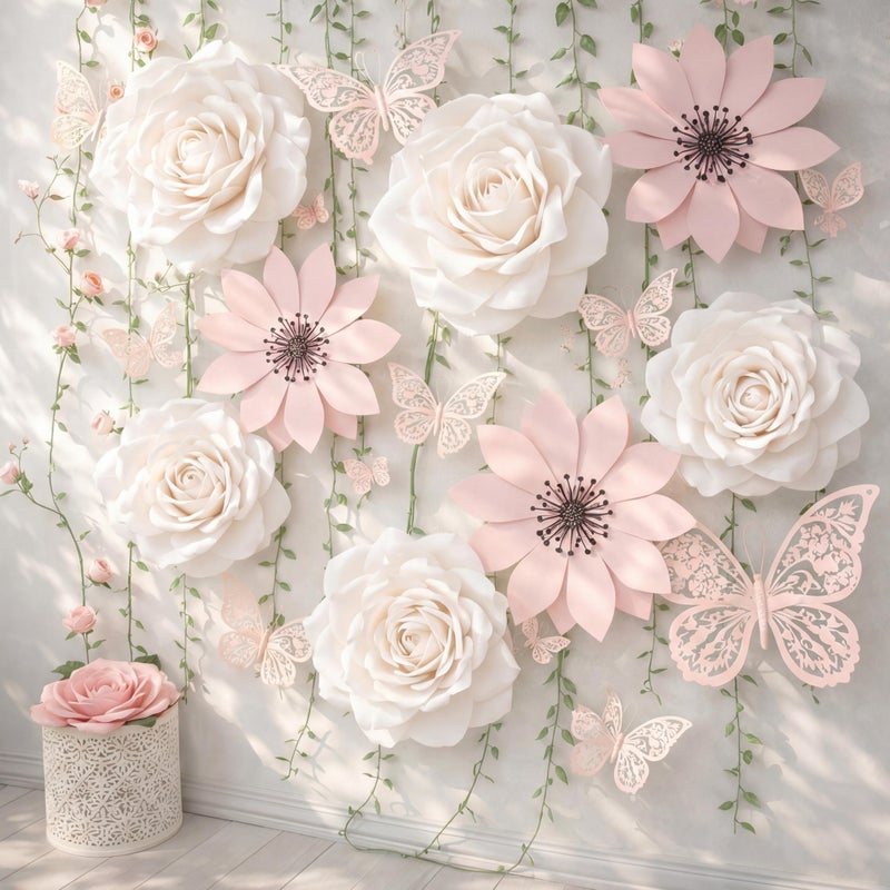 Marspark 27 Pcs Large Pink and White Paper Flowers Backdrop Decorations for Wall Giant DIY Artificial 3D Flower Decor with Butterfly Rattan Spring Tea Party Bulletin Board for Holiday Wedding - Image 1