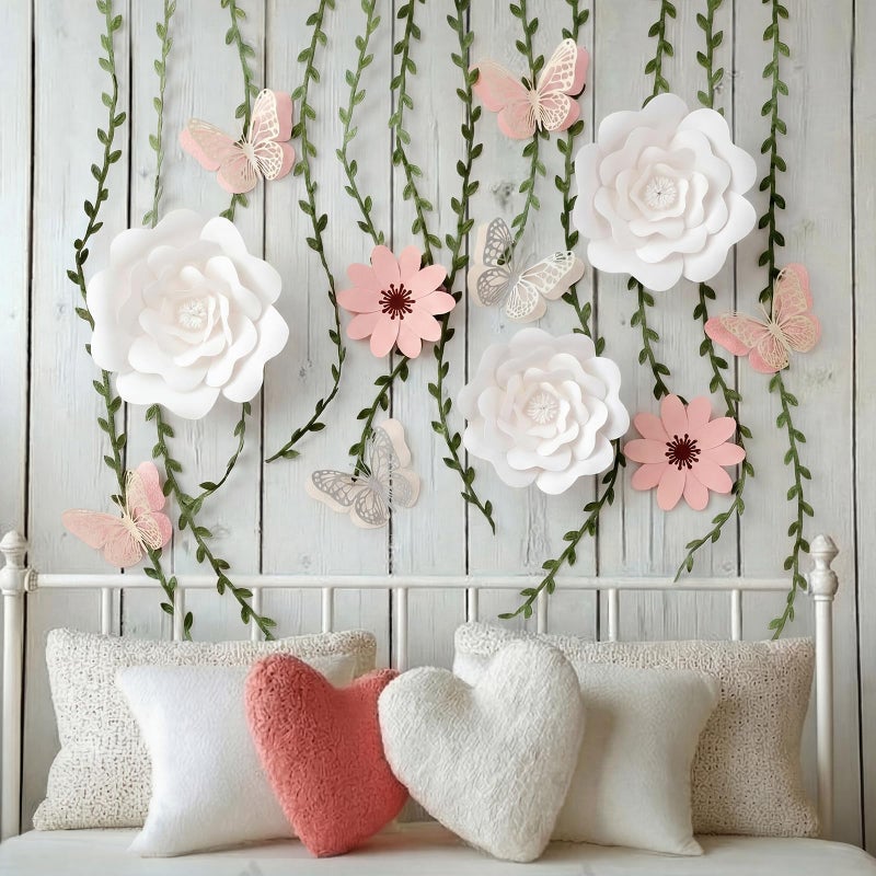 Marspark 27 Pcs Large Pink and White Paper Flowers Backdrop Decorations for Wall Giant DIY Artificial 3D Flower Decor with Butterfly Rattan Spring Tea Party Bulletin Board for Holiday Wedding - Image 4