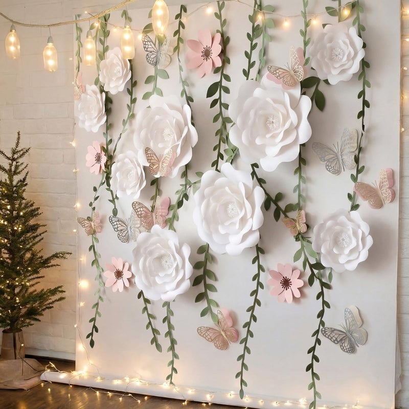 Marspark 27 Pcs Large Pink and White Paper Flowers Backdrop Decorations for Wall Giant DIY Artificial 3D Flower Decor with Butterfly Rattan Spring Tea Party Bulletin Board for Holiday Wedding - Image 3
