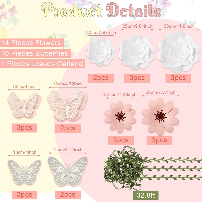 Marspark 27 Pcs Large Pink and White Paper Flowers Backdrop Decorations for Wall Giant DIY Artificial 3D Flower Decor with Butterfly Rattan Spring Tea Party Bulletin Board for Holiday Wedding - Image 2